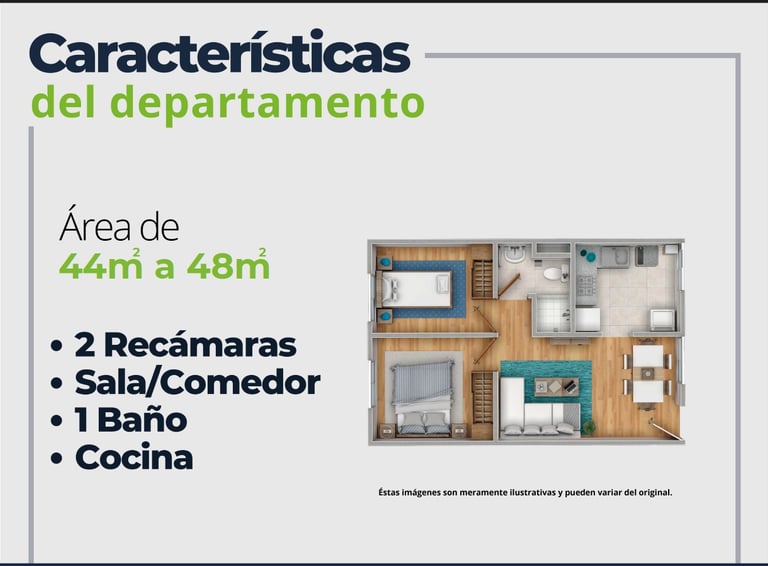 LV52 Características Depto.  Plano con 2 recamaras, sala comedor, baño y cocina. 44 a 48 m2
