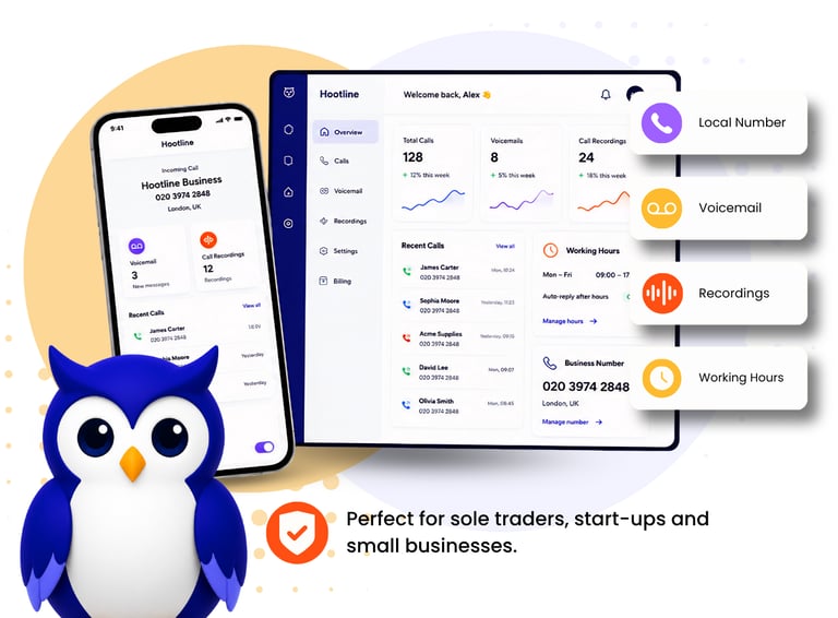 Hootline mobile app and web dashboard showing business calls, voicemail, recordings and working hour