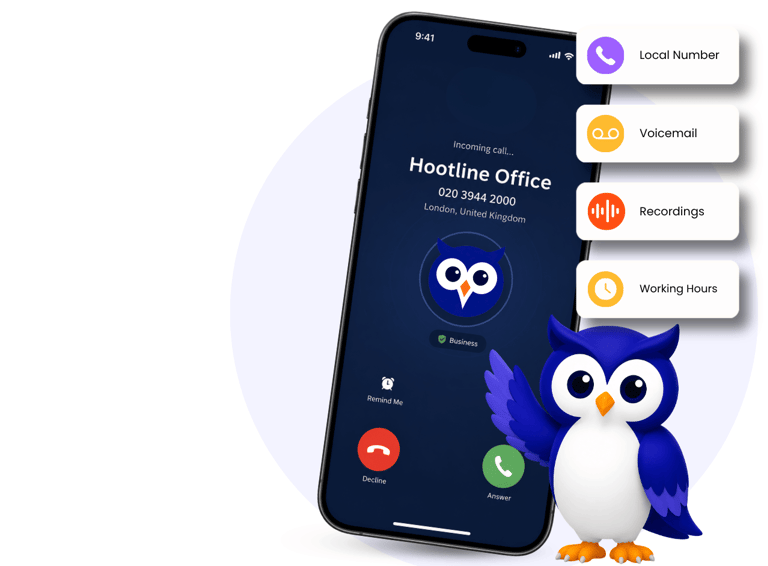 Hootline mobile app showing a business call screen with the owl mascot