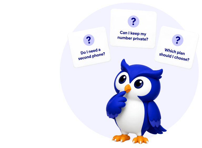 Hootline owl mascot beside common questions about business phone numbers