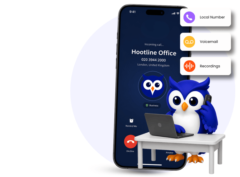 Hootline app and owl mascot showing a business number setup for small businesses