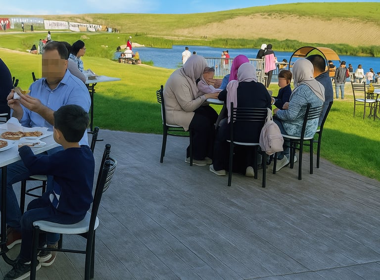 Une famille mange une pizza dans un restaurant en plein air donnant sur un lac.