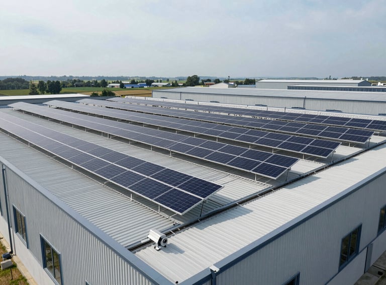 Wide-angle architectural shot of a massive commercial solar array installed on a modern warehouse roof, clean cable management trays, crisp natural UK daylight, overcast sky.