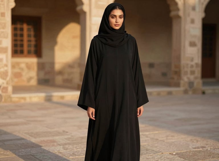 Editorial fashion portrait of a model wearing a premium black abaya with clean architectural draping, standing in a sunlit stone courtyard, warm directional shadows.