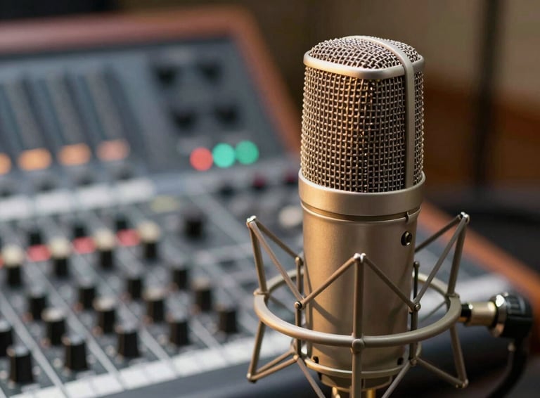 Close-up of a professional studio microphone bathed in warm golden light, soft focus background of a modern radio mixing console.