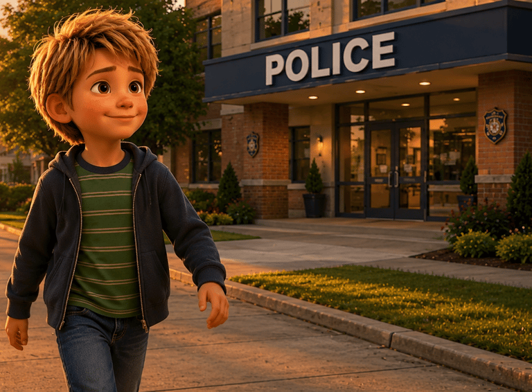 3D animated young boy walking past a modern brick police station building during golden hour sunset.