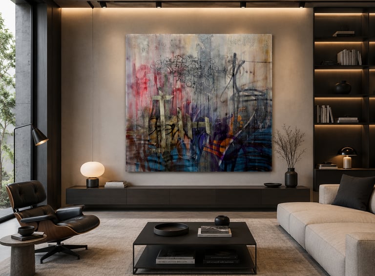 KENDE calligraphy canvas with vivid red, blue and yellow graffiti marks in a modern living room 