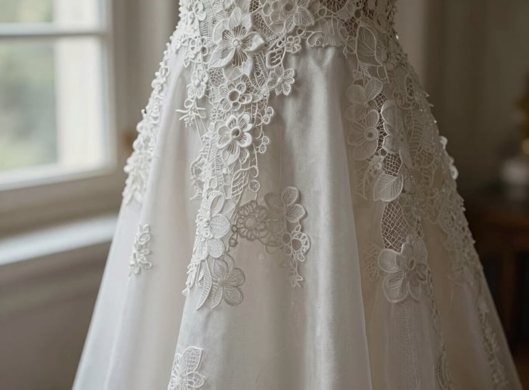 Macro shot of delicate white bridal lace and silk under soft atelier window light, highlighting intricate thread textures.