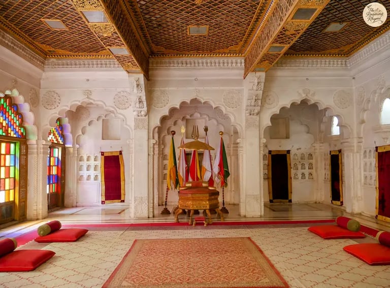 Moti Mahal inside Mehrangarh Fort Jodhpur, grand hall used for royal meetings and coronations, decorated with stained glass.
