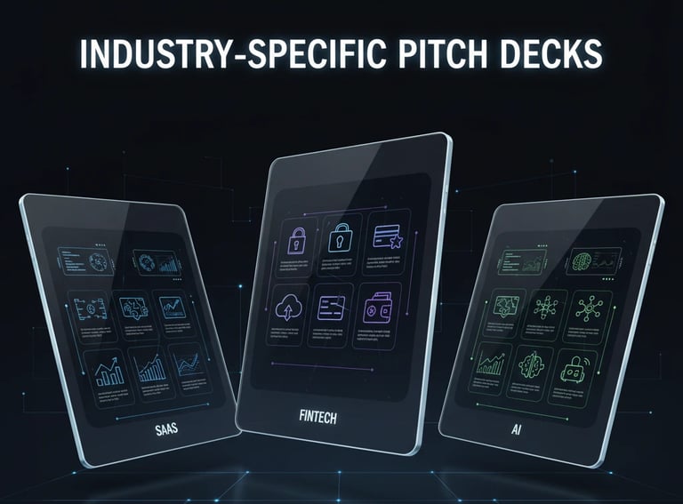A high-tech digital graphic featuring three tablets displaying neon-themed pitch deck layouts for Sa