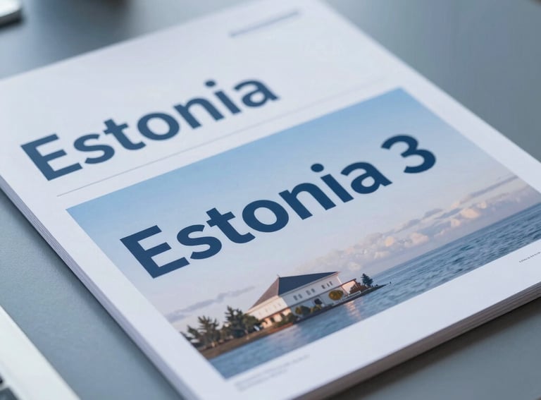 Close-up of a high-quality print business report with the word 'Estonia' visible, on a sleek slate-blue table, Northern European / Baltic / Estonian style.