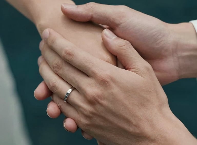 A beautiful close-up of a couple's hands intertwined, focusing on the texture of skin and a wedding ring, set against a dark teal background.