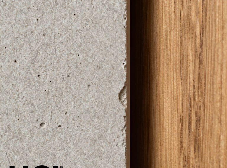Macro shot of high-quality light gray stone texture next to a warm oak wood plank, representing the premium materials used by HCI.