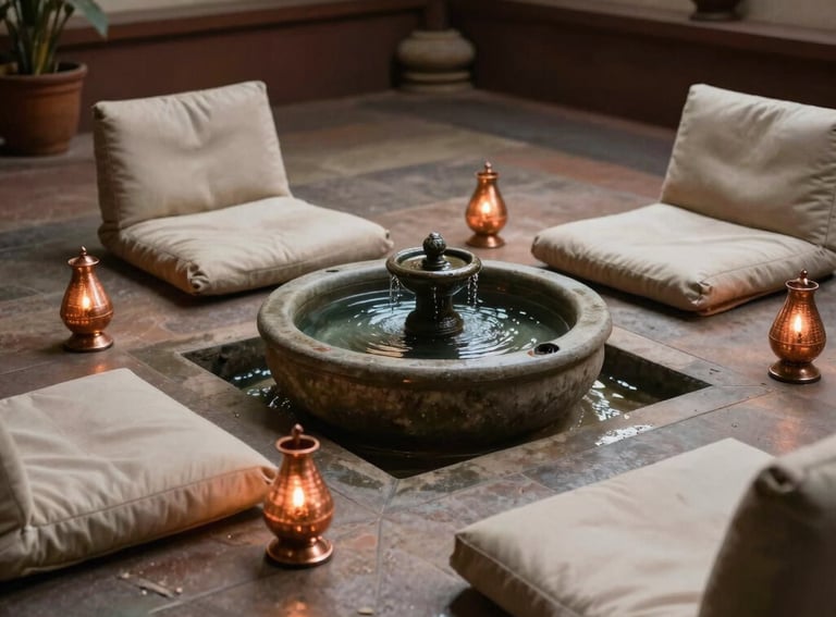 A tranquil meditation corner with floor cushions, a small water fountain, and copper lamps, South Asian / Tamil Nadu, India.
