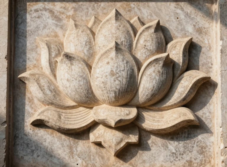 Photography of an intricate stone carving of a lotus on a temple wall. Soft shadows and a warm cream light highlighting the ancient craftsmanship.