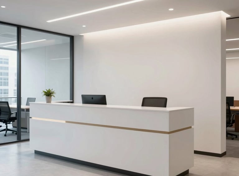 A modern and accessible office reception area in a North American / US city, clean lines, off-white and light gray colors, welcoming and professional atmosphere.