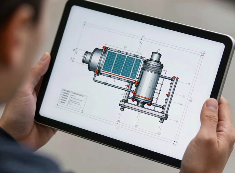 A close-up of a digital tablet showing architectural blueprints for a green-energy heating system, held by a person in professional work attire. Sharp focus, North American / US.