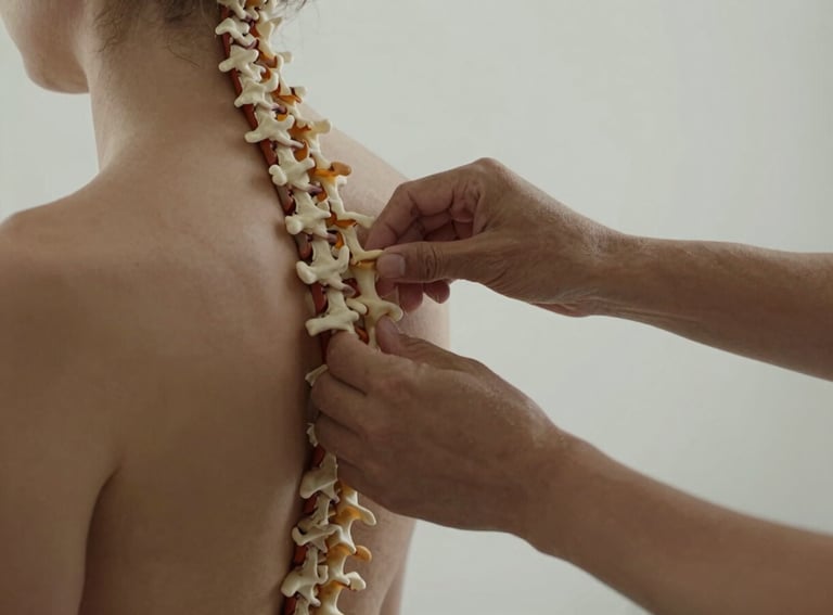 Dramatic side-lit close-up of hands adjusting a client's spinal alignment during a structural assessment, clean minimalist background, neutral tones.