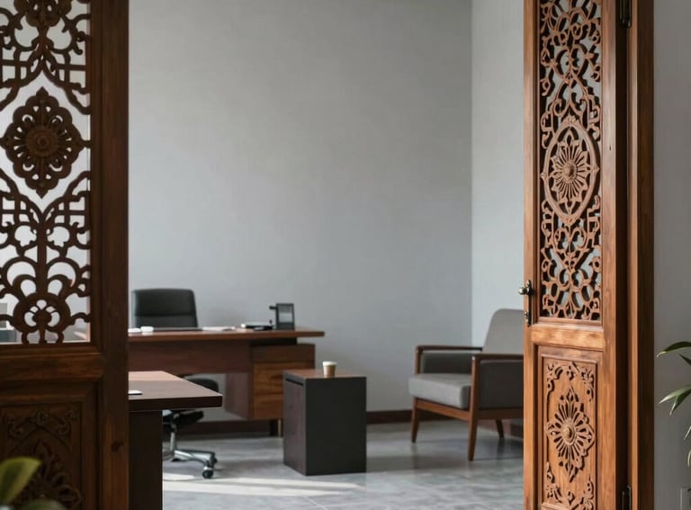 An airy and calm office interior featuring South Asian architectural details like carved wooden screens, soft light gray walls, and professional minimalist furniture.