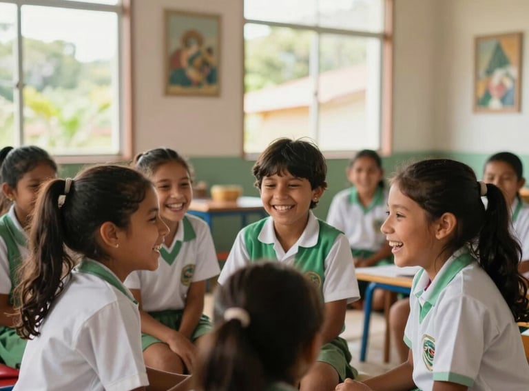 South American children laughing together during a cultural workshop, wearing school uniforms with soft green details, in a sunny community room with large windows, Brazilian interior style.