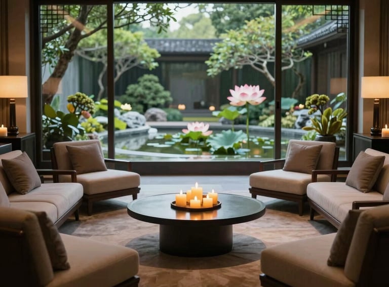 A wide photography shot of a high-end spa lounge featuring low furniture, large windows looking out to a serene garden, and a centerpiece of burning candles and a lotus pond, Global / International Luxury.
