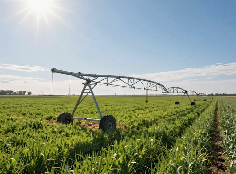 A vibrant green agricultural field where a solar-powered irrigation system is being used, symbolizing sustainable innovation, bright sun, blue sky.