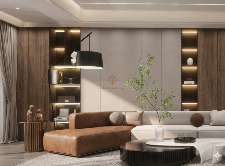 Modern luxury living room with a brown leather sectional, built-in lit shelving, and elegant minimalist decor.