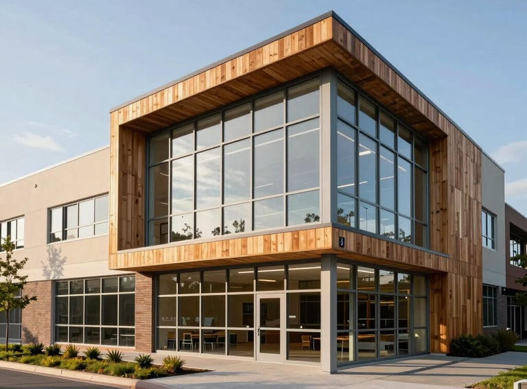 A high-quality architectural photo of a modern community school in the US, with large glass windows and sustainable wood paneling, in the late afternoon sun.