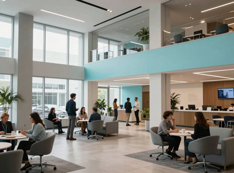 A high-quality photograph of an open, airy North American office lobby with modern Celadon Blue accents and people chatting comfortably in the background.
