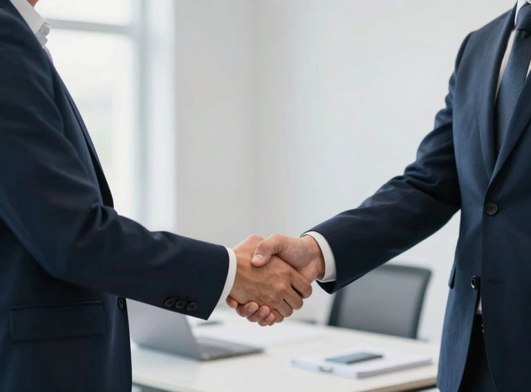 A photograph showing a handshake between two professionals in a brightly lit Danish office, representing agreement and trust, with a color palette of deep navy blue and soft white.