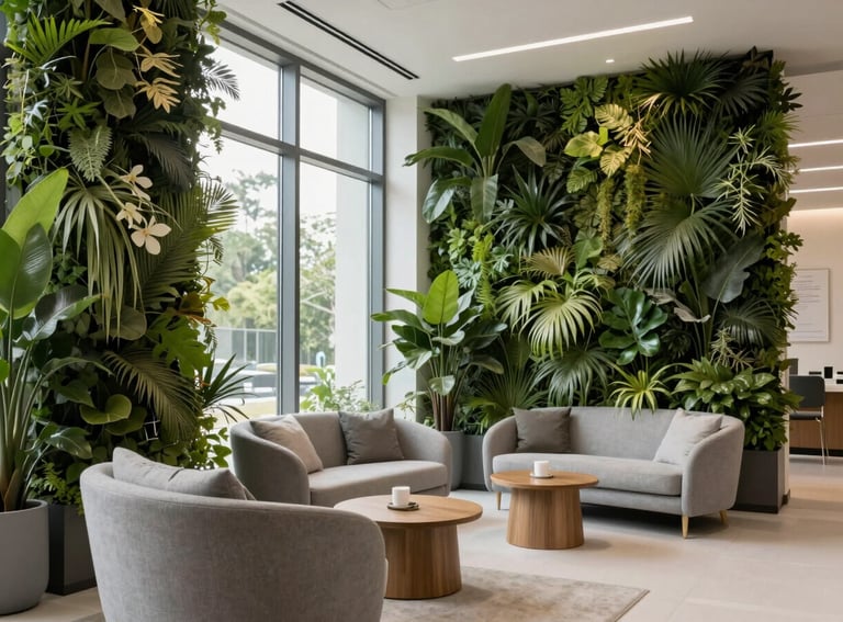 Interior shot of a biophilic medical office in North America, showing vertical green walls, large windows, and modern sustainable furniture.