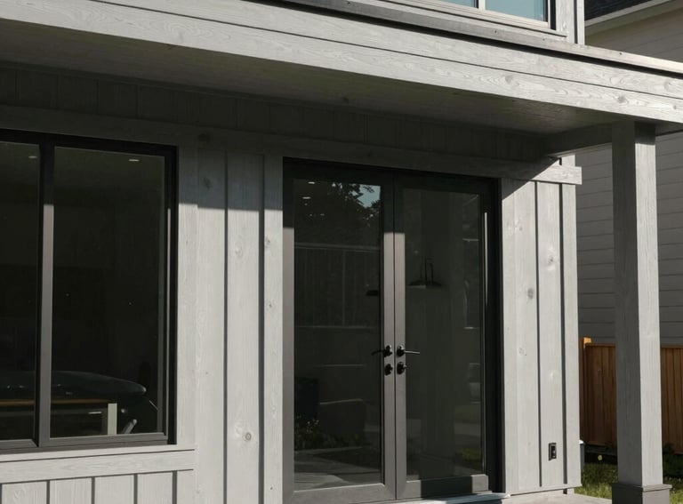 A close-up of a modern residential facade at The Springs featuring pale gray wood panels, large glass windows, and a neat stone porch in a bright North American / US setting.