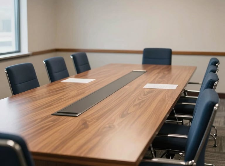 A wide shot of a clean, sophisticated North American conference room with a large wooden table and navy chairs, bathed in soft, natural light.