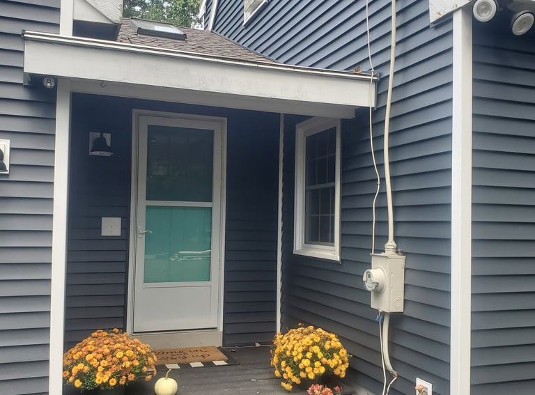 a house with a blue door and a white door