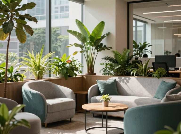 A professionally lit indoor photograph of a relaxing corporate lounge area in a modern office in Sao Paulo, Brazil. Green potted plants, cozy light gray and teal-accented furniture, clean biophilic design, soft morning sunlight, expressing a warm and productive atmosphere.