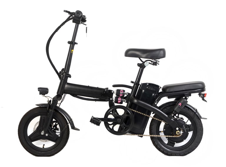 a black and white electric bike with a black seat
