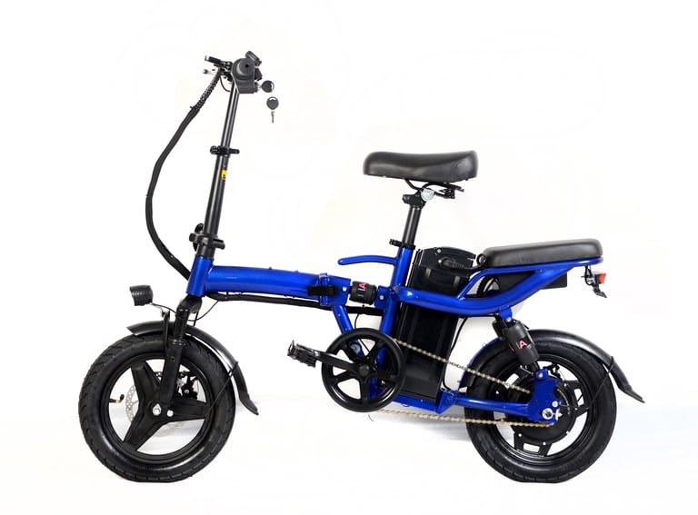 a blue electric bike with a black seat