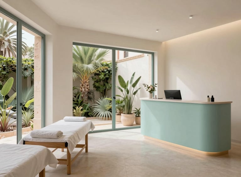 Interior of a modern wellness center. Minimalist furniture, large windows showing lush Mediterranean plants, off-white walls, and light teal accents. A clean, airy reception area in Mallorca, Southern European / Spanish style.