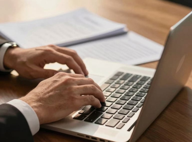 A close-up of a Brazilian lawyer's hands typing on a laptop with an open legal file beside it, golden hour light hitting the mahogany desk, creating a warm and professional feeling.