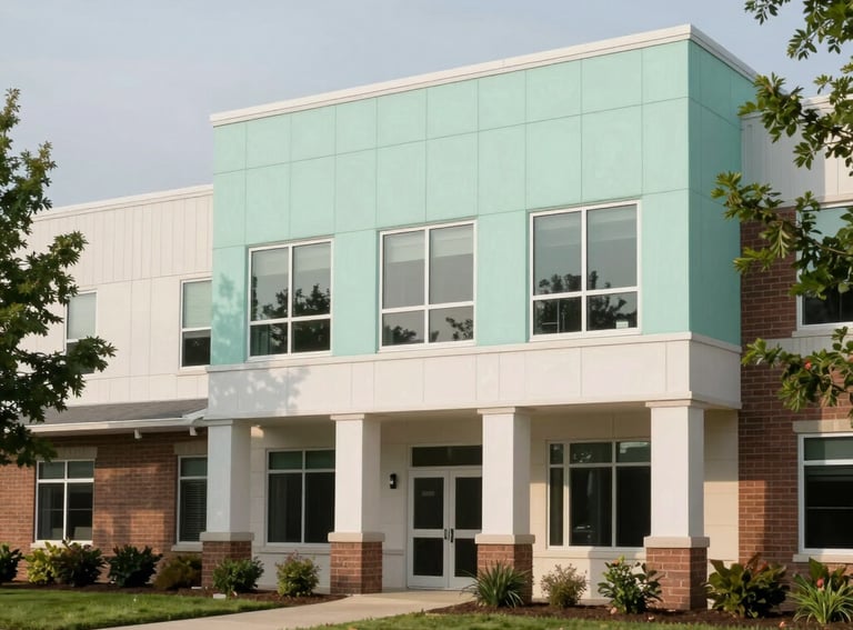 Clean, architectural photography of a modern community building exterior in Okemos, Michigan. Surrounded by greenery and Soft Mint and Off-white accents.