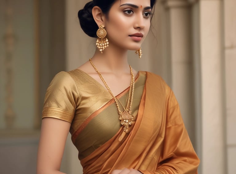 a woman in a blue dress and gold jewelry