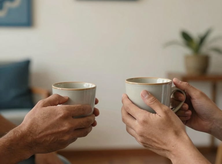 Close-up of two people's hands holding warm ceramic mugs during a calm conversation. The setting is a serene Latin American counseling room with off-white walls and muted blue decorative elements, creating an atmosphere of trust.