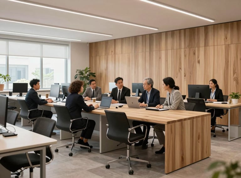 A high-end, contemporary workspace in North America with clean lines, natural wood elements, and professional staff engaged in a purposeful discussion.