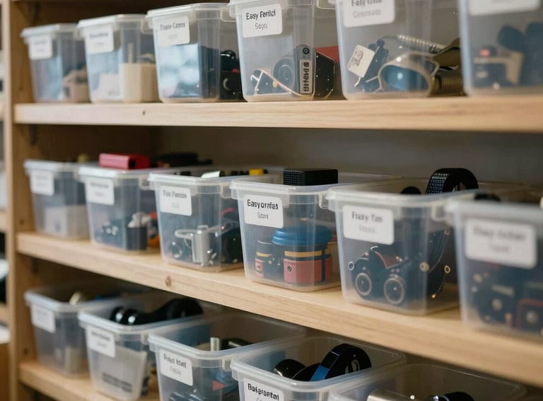 An organized North American craft space with neutral tones, featuring clear storage containers and easy-to-read labels for all equipment.