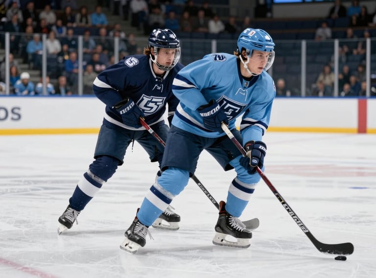 An action shot of two collegiate hockey players in dark navy blue and sky blue uniforms during a intense game. The composition is focused on the movement and athletic excellence, with professional stadium lighting reflecting off the ice surface. The setting is a North American / US Southern collegiate arena.