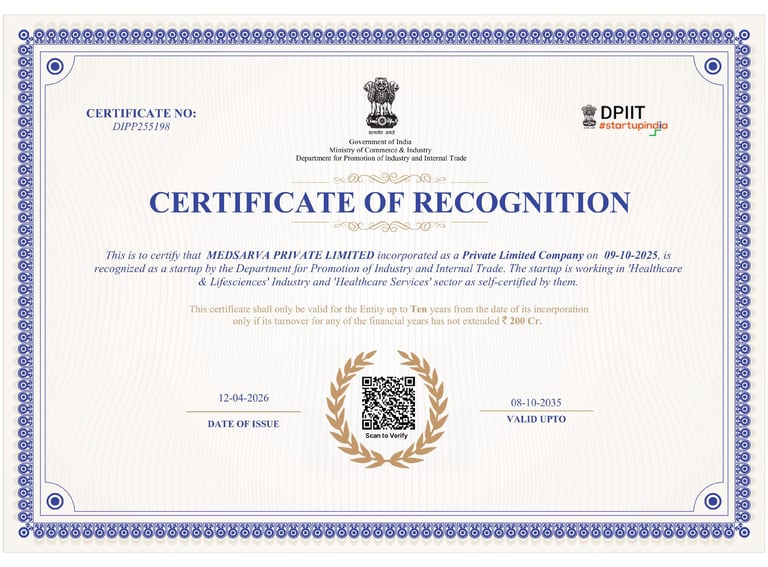 Medsarva Private Limited officially recognized under Startup India initiative for innovation in heal