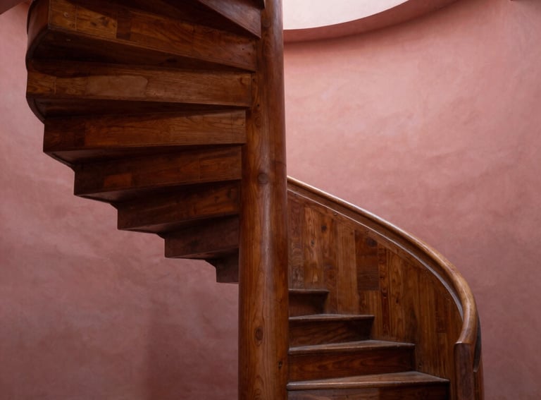 An elegant photo of a spiral staircase in a South American cultural institute, showcasing minimalist design and a warm brown and dusty rose color palette.