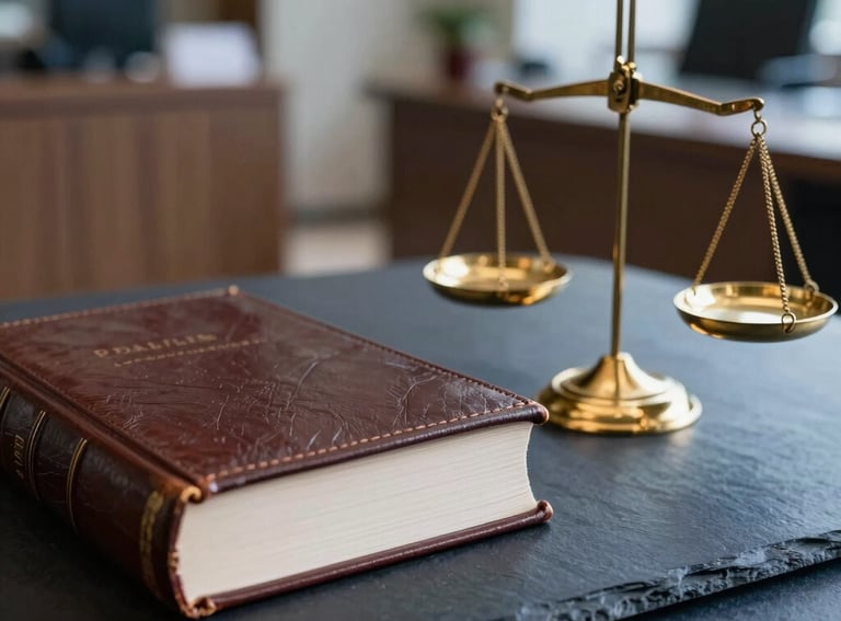 A close-up photograph of a classic leather-bound law book and a set of gold scales of justice resting on a dark slate blue surface. The lighting is focused and elegant, reflecting the South American legal tradition in a contemporary Brazilian setting. Soft bokeh background of a high-end office.