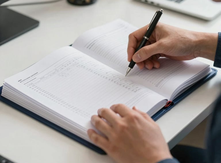 A photograph of a professional's hands carefully organizing printed transaction logs into a navy blue binder, shot in a bright North American office.