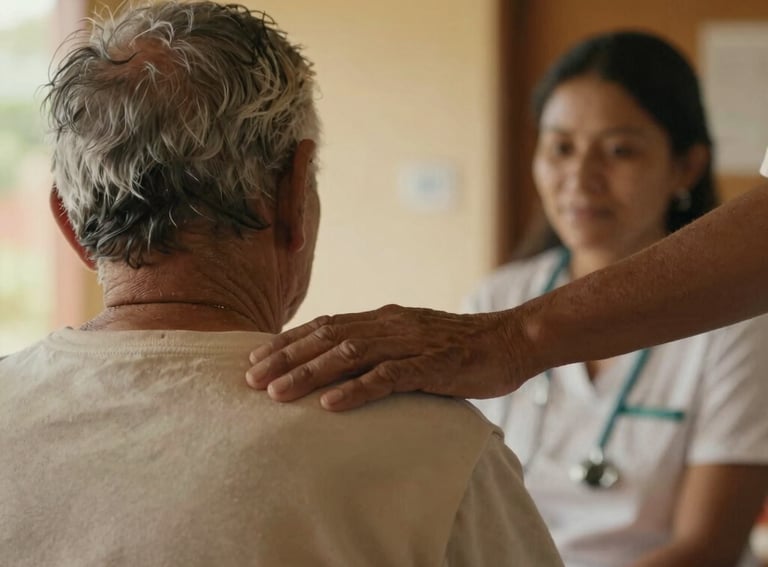 A photography shot in a South American health center showing a volunteer's hand gently resting on an elderly patient's shoulder. The lighting is soft and golden.